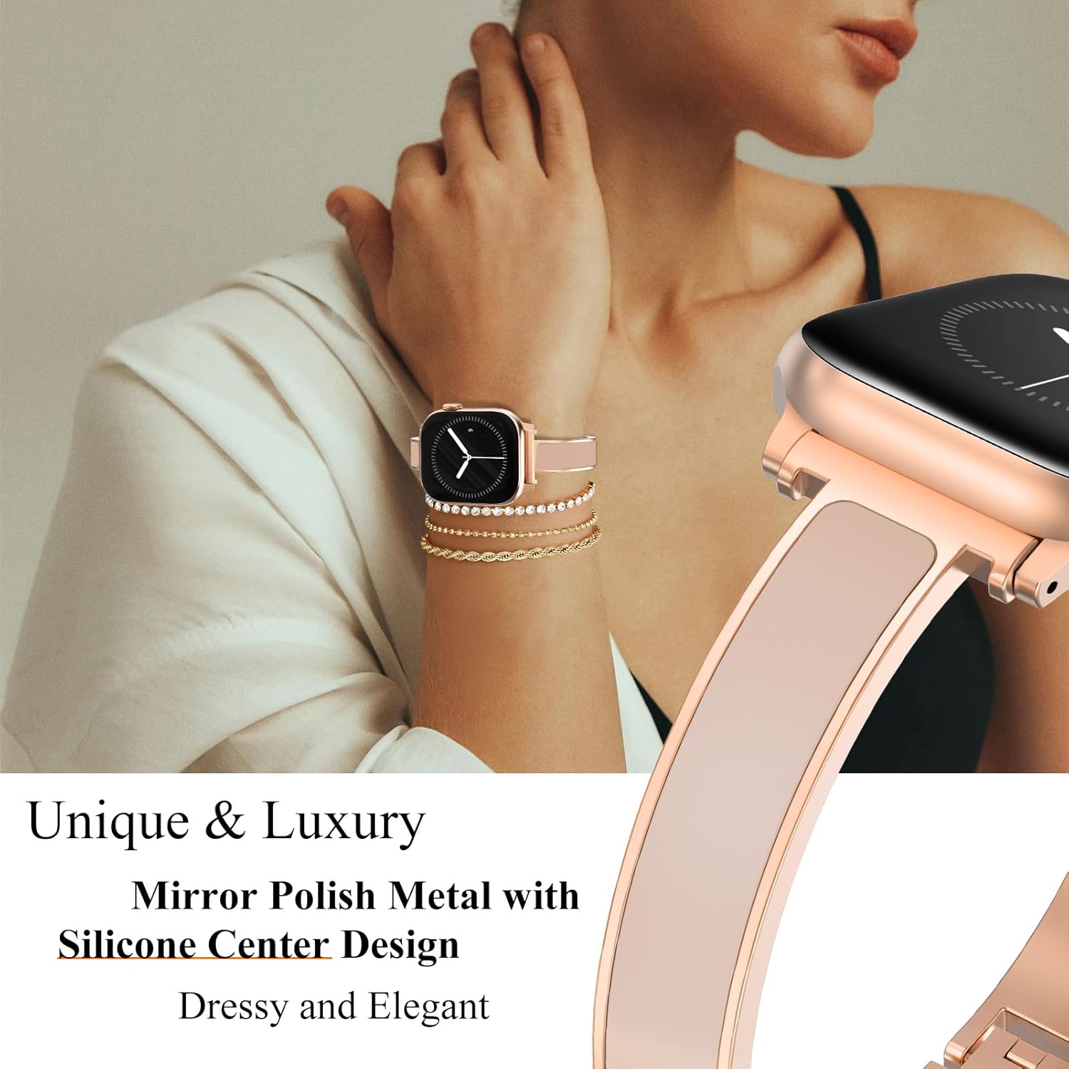 WINGLE Slim Watch Bands for Apple Watch Band Women 38mm 40mm 41mm 42mm 44mm 45mm 46mm Series 11 10 SE 3/2/1 Jewelry Dressy Bracelet Thin Metal Strap Designer Luxury Bangle for iWatch 9/8/7/6/5/4/3/2/1